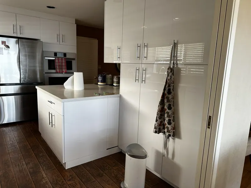 White high-gloss kitchen with island and dark wood floor